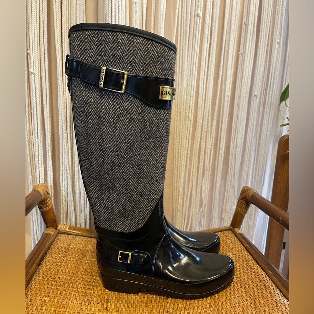 Hunter Regent Apsley Herringbone Rain Boots black gloss finish size 6 equestrian
